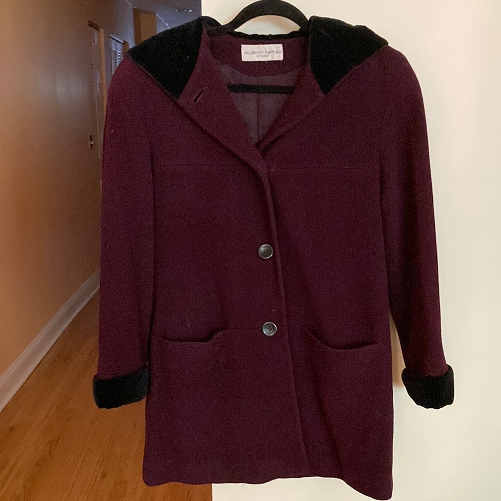 Vintage wool jacket with velvet hood - maroon and black